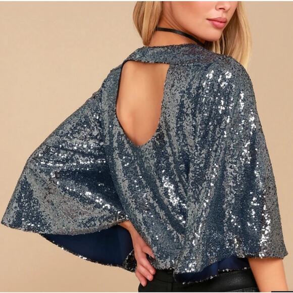 Lulus Captivate Navy Blue Sequin Bell Sleeve Crop Top Glamour Size Medium Party - Picture 1 of 11